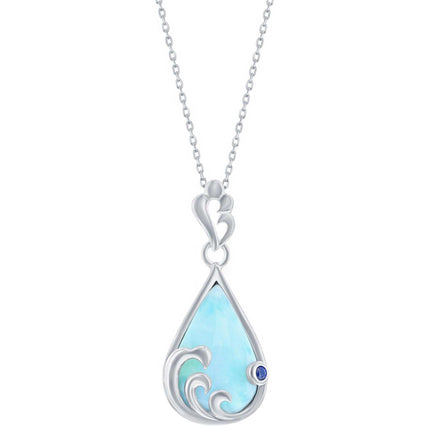 Women's Necklace - Larimar and Blue CZ Pearshaped Wave | M-6909 ,