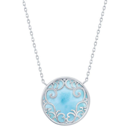 Women's Necklace - Silver Round Larimar Filigree Design | M-6695 ,