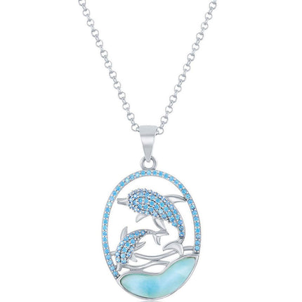 Women's Pendant - Silver Blue CZ Dolphins and Larimar | K-8294 ,