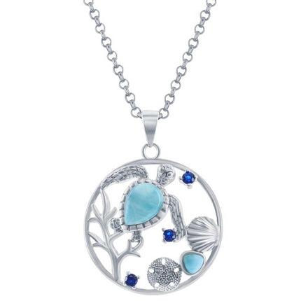 Women's Pendant - Turtle, Seashell, Sand Larimar and CZ | K-8890 ,