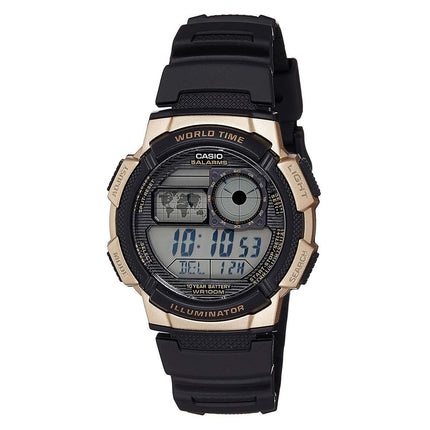 Casio Men's Black Resin Strap World Time Quartz Grey Dial Digital Watch | AE1000W-1A3 ,