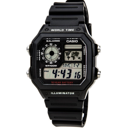 Casio Unisex Classic Casual Grey Digital Dial World Time Watch | AE1200WH-1A ,