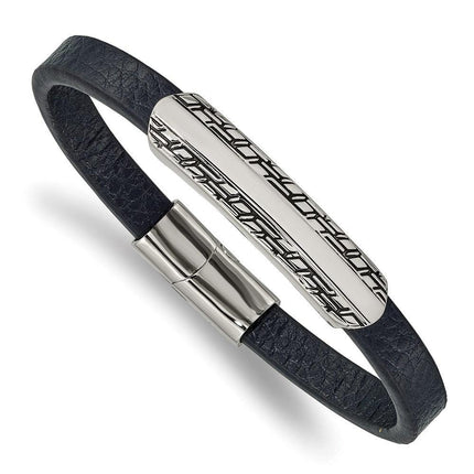 Stainless Steel Antiqued and Polished Blue Leather 8.25in Bracelet ,