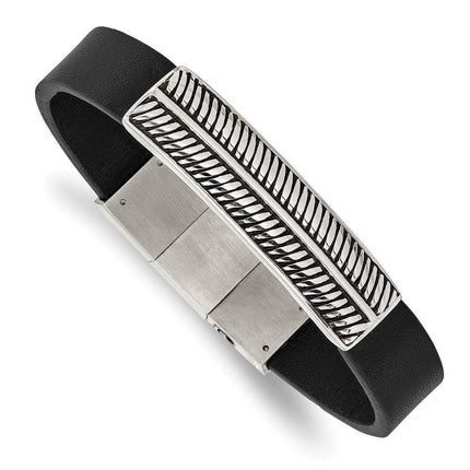 Stainless Steel Antiqued and Polished Black Leather w/.5in ext 8in Bracelet ,