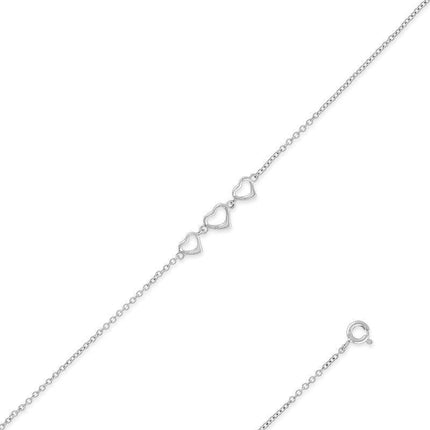 Sterling Silver with Three Center Hearts Anklet ,