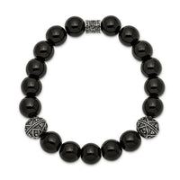 Stainless Steel Antiqued and Polished Black Agate Beaded Stretch Bracelet ,