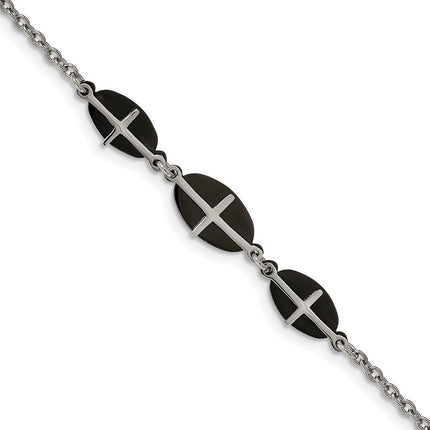 Stainless Steel Polished Black IP-plated 7in w/1in ext. Cross Bracelet ,