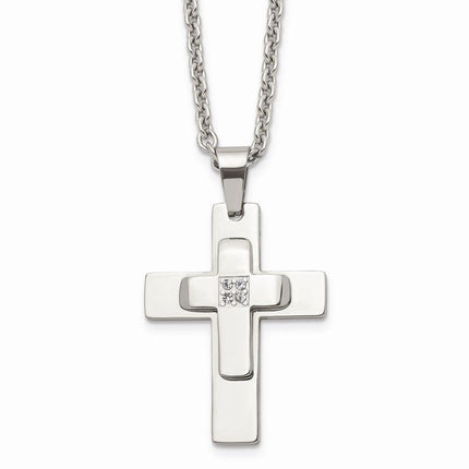 Stainless Steel Polished CZ Cross Necklace ,