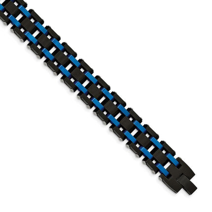 Stainless Steel Brushed and Polished Black/Blue IP-plated 8.5in Bracelet ,