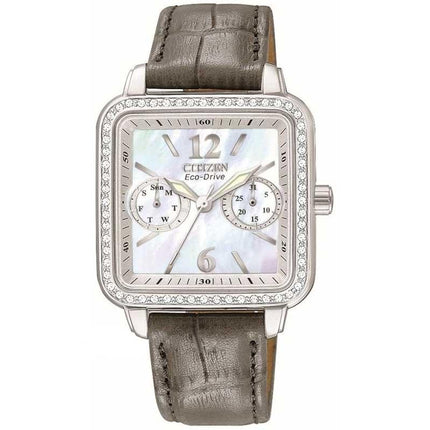 Citizen FD1050-08D Women's Eco-Drive Grey Leather Strap MOP Dial Swarovski Crystal Watch ,