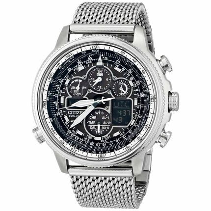 Citizen JY8030-83E Men's Navihawk A-T Black Ana-Digi Dial Chronograph Steel Mesh Bracelet Eco-Drive Dive Watch ,