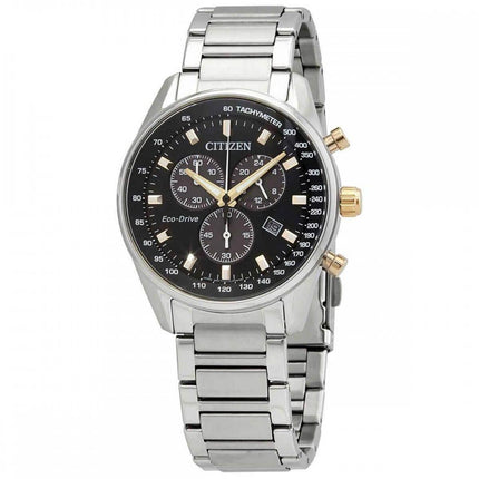 Citizen Men's Chrono Watch - Eco-Drive Black Dial Silver Tone Bracelet | AT2396-78E ,