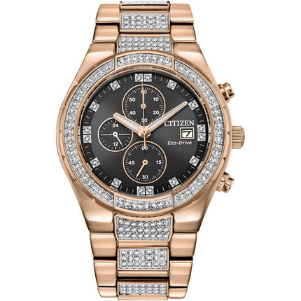 Citizen Men's Chronograph Watch - Crystal Black Dial Rose Gold Bracelet | CA0753-55E ,