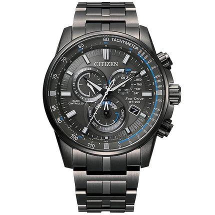 Citizen Men's Chronograph Watch - PCAT Black Dial Grey Bracelet Atomic | CB5887-55H ,