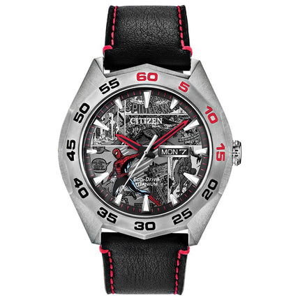 Citizen Men's Eco-Drive Watch - Marvel Spider Man Black Leather Strap | AW0061-01W ,