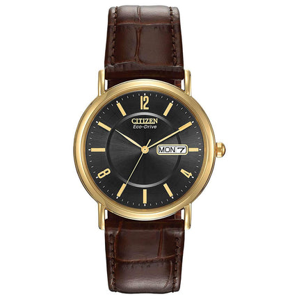 Citizen Men's Strap Watch - Eco Drive Day-Date Black Dial Brown Leather | BM8242-08E ,