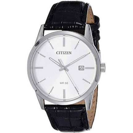 Citizen Men's Strap Watch - Quartz Date Silver Tone Dial Black Leather | BI5000-01A ,