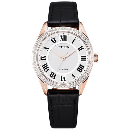 Citizen Women's Diamond Watch - Arezzo Silver Dial Black Leather Strap | EM0883-05A ,