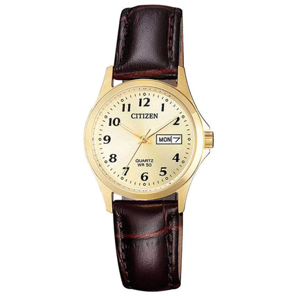 Citizen Women's Quartz Watch - Dress Gold Tone Dial Brown Leather Strap | EQ2002-07P ,