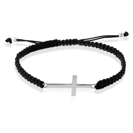 Classic Men's Bracelet - Sterling Silver Flat Cross on Black Macrame | S-4839 ,