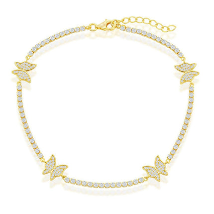 Classic Women's Anklet - Gold Plated Sterling Silver Butterfly CZ Tennis | R-9278-GP ,