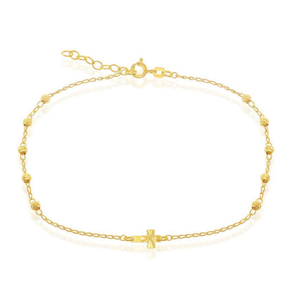 Classic Women's Anklet - GP Sterling Diamond Cut Beads with Small Cross | R-9105-GP ,