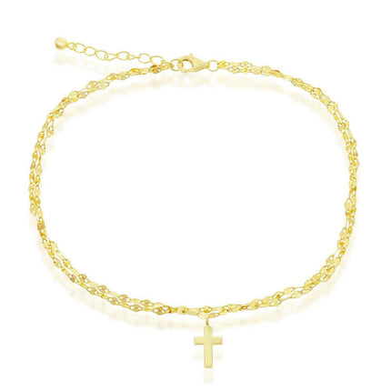 Classic Women's Anklet - GP Sterling Double Strand Chain Cross Charm | R-9260-GP ,