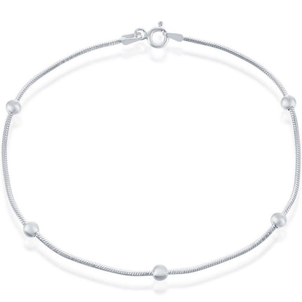 Classic Women's Anklet - Silver Plated Snake Chain with 4mm Bead, 10 inch | R-9256-10 ,