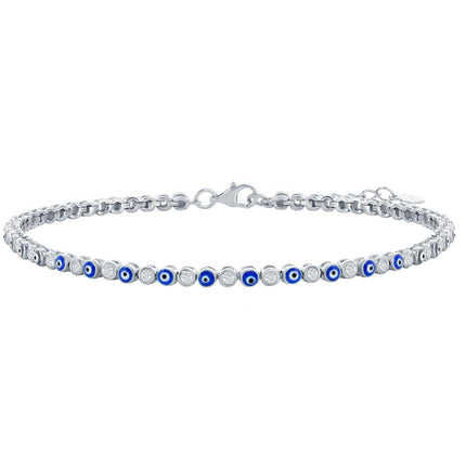 Classic Women's Anklet - Sterling Silver Alternating Evil Eye and CZ Tennis | R-9280 ,