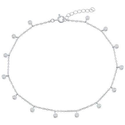 Classic Women's Anklet - Sterling Silver Bezel Set White CZ Stone Charms | R-9270 ,