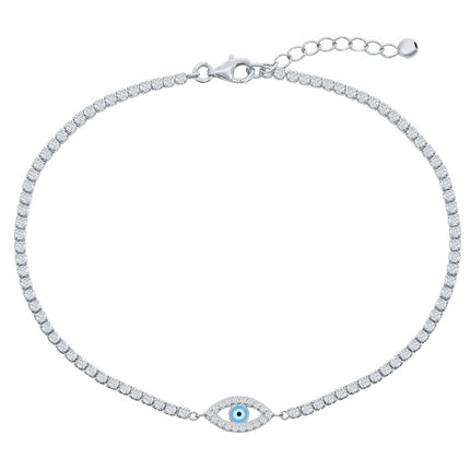 Classic Women's Anklet - Sterling Silver Evil Eye Enamel White CZ Tennis | R-9285 ,