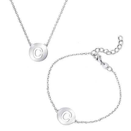 Classic Women's Bracelet and Necklace Set - Cut-Out Shiny C Disc Initial | SET-503 ,