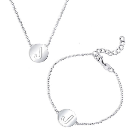Classic Women's Bracelet and Necklace Set - Cut-Out Shiny J Disc Initial | SET-509 ,
