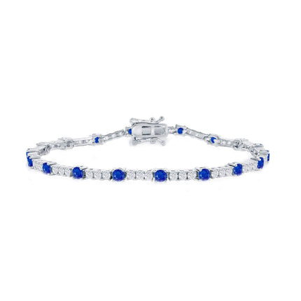 Classic Women's Bracelet - Silver 3mm Blue Sapphire CZ and White CZ Tennis | T-8030 ,