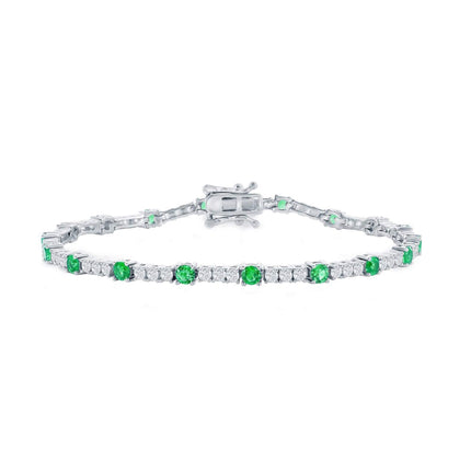 Classic Women's Bracelet - Silver 3mm Green Emerald CZ and White CZ Tennis | T-8031 ,