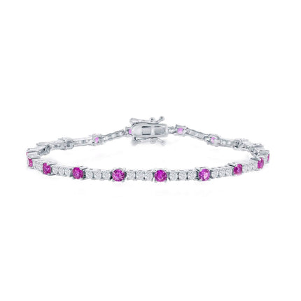 Classic Women's Bracelet - Silver 3mm Pink Topaz CZ and White CZ Tennis | T-8029 ,