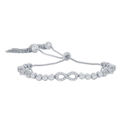 Classic Women's Bracelet - Silver Bezel-Set CZ and Infinity Adjustable Bolo | T-8044 ,
