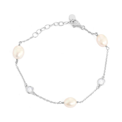 Classic Women's Bracelet - Silver Bezel Set White CZ and Freshwater Pearl | T-7269 ,