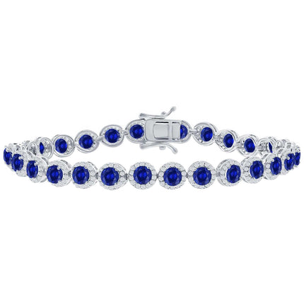 Classic Women's Bracelet - Silver Round Halo White and Sapphire CZ Tennis | T-7973 ,
