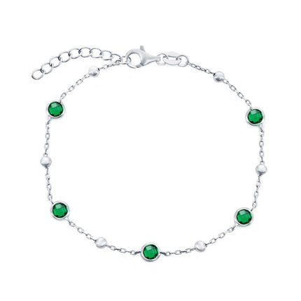 Classic Women's Bracelet - Sterling Silver Bezel-Set Emerald CZ and Beads | T-8083 ,
