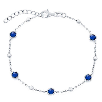 Classic Women's Bracelet - Sterling Silver Bezel-Set Sapphire CZ and Beads | T-8084 ,
