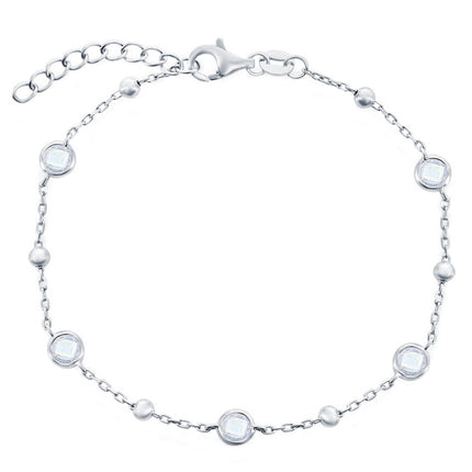 Classic Women's Bracelet - Sterling Silver Bezel-Set White CZ and Beads | T-8082 ,