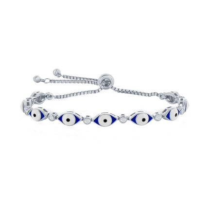 Classic Women's Bracelet - Sterling Silver Blue Enamel Evil Eye with CZ | T-8019 ,