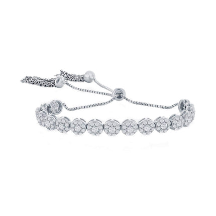 Classic Women's Bracelet - Sterling Silver CZ Cluster Round Adjustable Bolo | T-8041 ,
