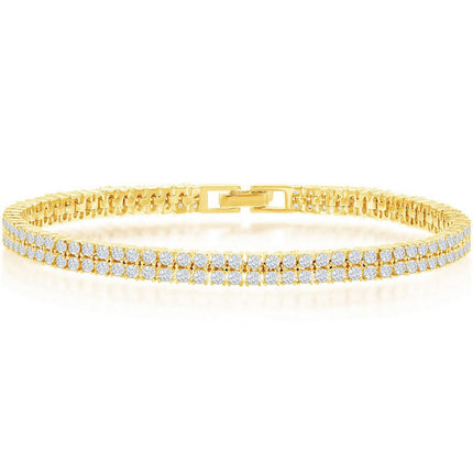 Classic Women's Bracelet - Sterling Silver Gold Double Row CZ Tennis | T-7885-GP ,