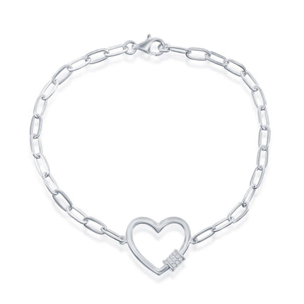 Classic Women's Bracelet - Sterling Silver Heart with CZ Rod Paperclip Link | T-7965 ,