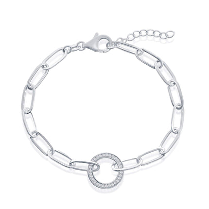 Classic Women's Bracelet - Sterling Silver White CZ Circle Paperclip Link | T-7967 ,