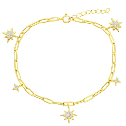 Classic Women's Bracelet - YG Plated North Star CZ Paperclip Linked | T-7997-GP ,