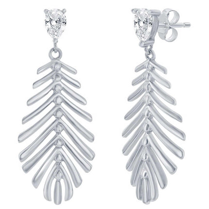 Classic Women's Dangle Earrings - SS Cut-Out Leaf with Small Pear-shaped CZ | D-8408 ,