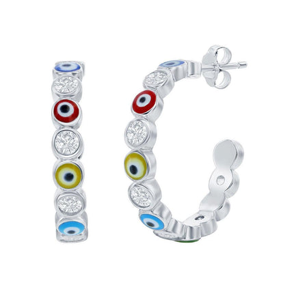 Classic Women's Earrings - Alternating CZ and Multicolor Enamel Evil Eye Hoop | D-8353 ,